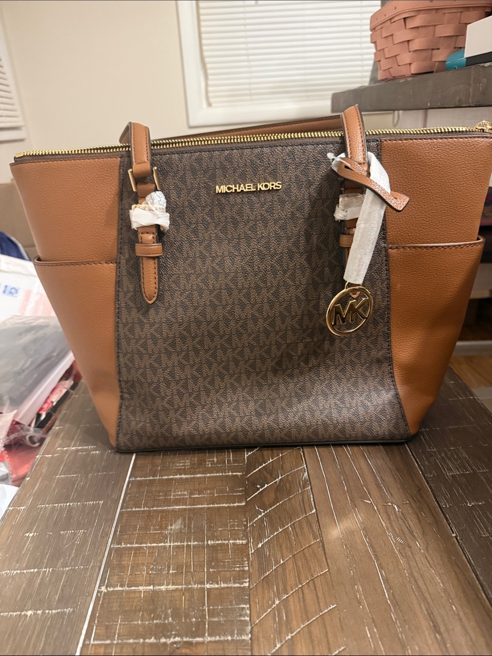 Michael Kors Brown Logo-Print Tote with Tan Trim
